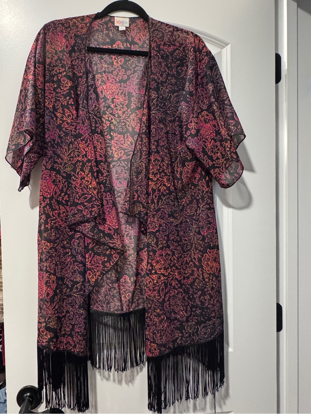 LuLaRoe Monroe Sheer Floral Fringe Kimono in Black, Pink & Orange